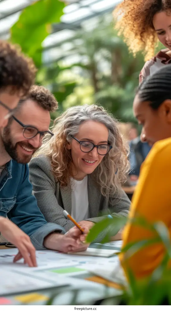 Multiethnic group of business professionals discussing ideas in a greenhouse
