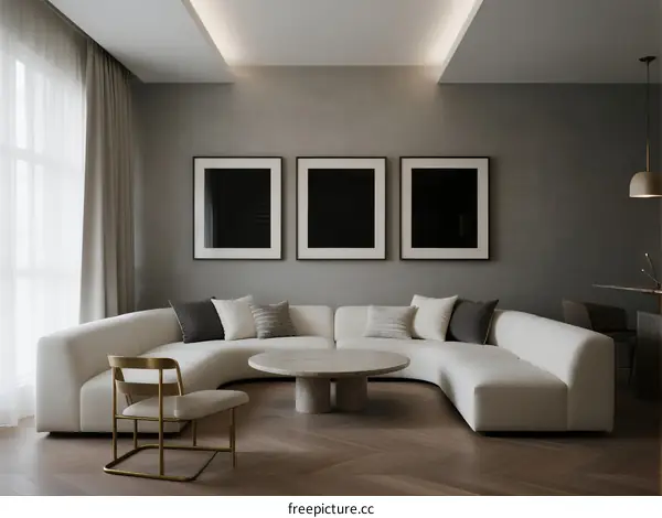 Modern Living Room with Curved Sofa and Three Framed Artworks