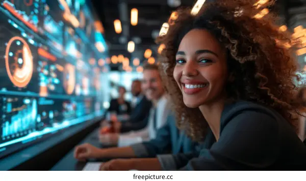 Smiling businesswoman standing in front of digital display with colleagues in the background