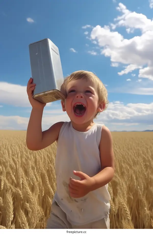 Little boy playing with a tin can in a wheat field