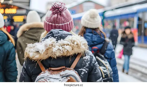 People Walking In Snowy City Street In Winter