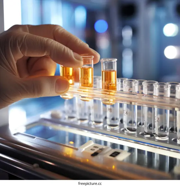 gloved hand holding a rack of test tubes containing a yellow liquid
