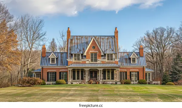 Large Brick Villa with Blue Metal Roof