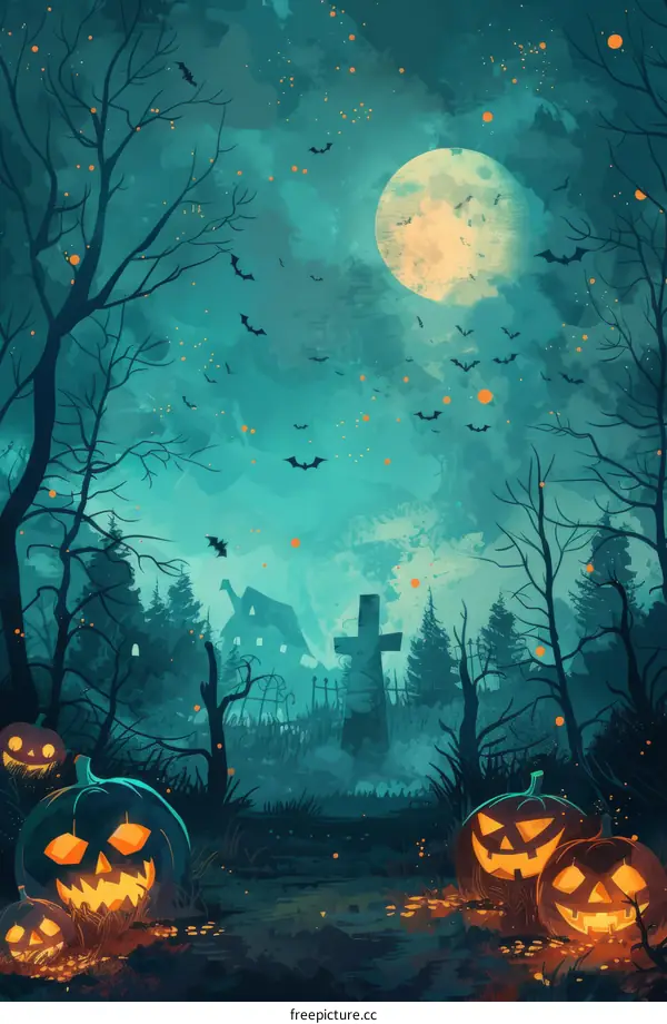 Pumpkins in a spooky forest with a haunted house and bats flying around