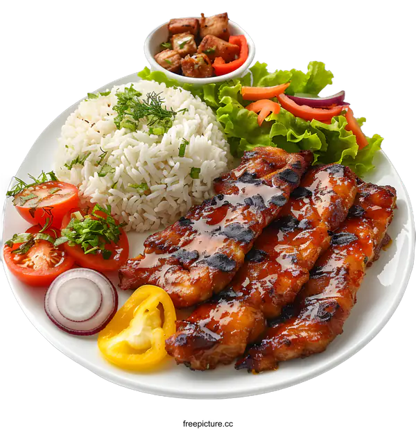 [Transparent Background PNG]Barbecued pork with rice and salad