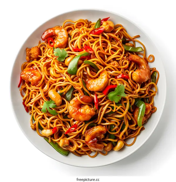 A plate of noodles with shrimp, vegetables, and peanuts.