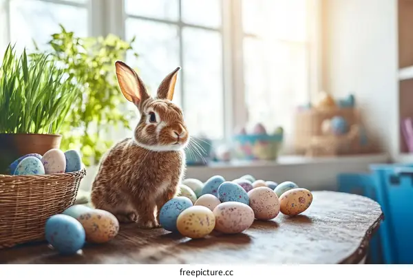 Easter Bunny with Colorful Eggs in a Homey Kitchen