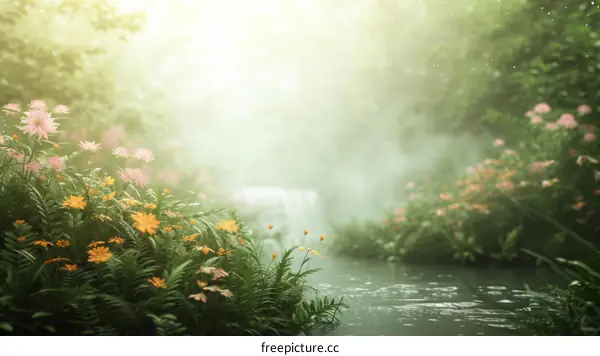 Misty Forest Stream with Flowers