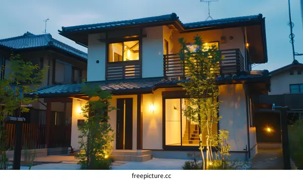 Modern Japanese House with  Wooden Accents and  Green Trees