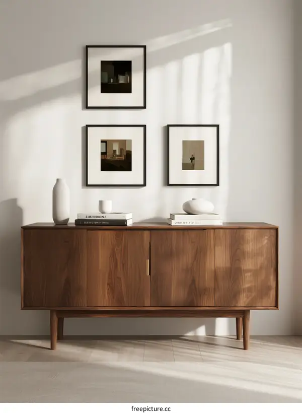 Minimalist Wooden Sideboard with Framed Art Above in Bright Room