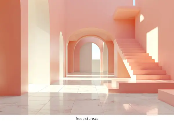 Modern Pink Architectural Interior with Arched Staircase