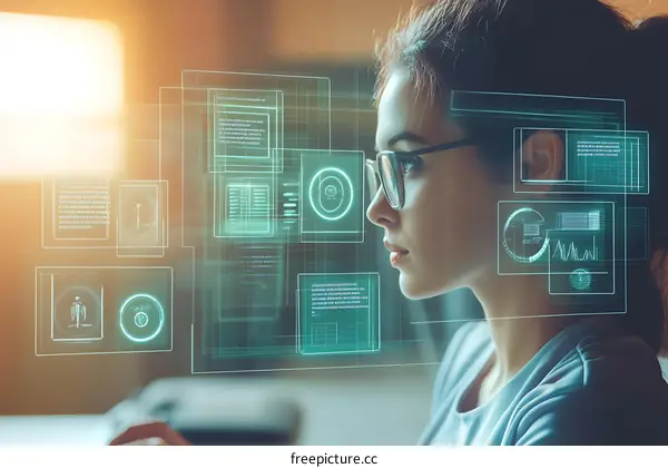 Woman interacting with futuristic holographic interface