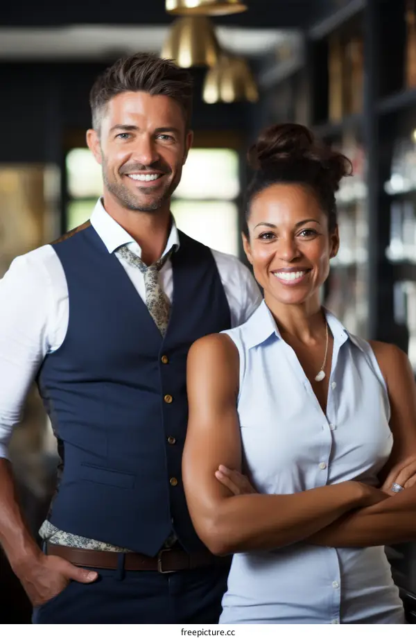 Successful business partners standing together and smiling