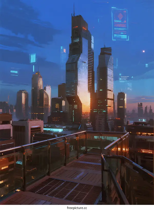 Futuristic Urban Skyline with Digital Holograms at Dusk