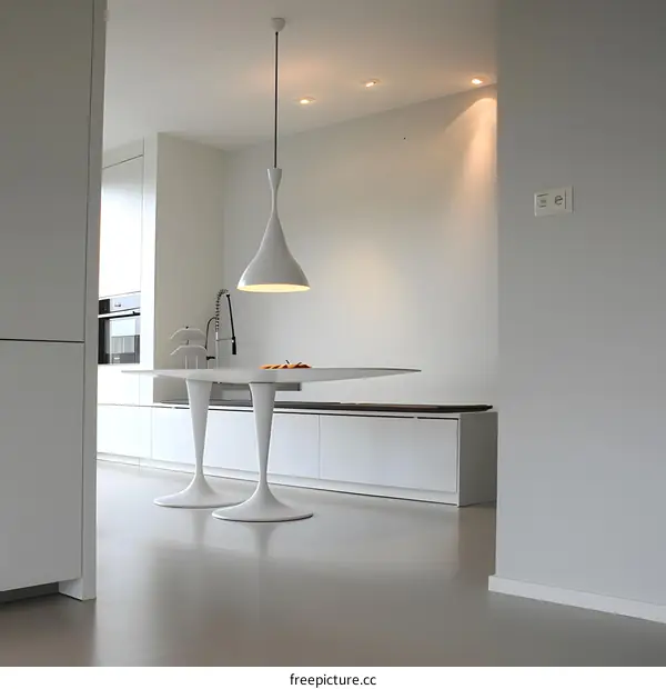 White Modern Kitchen Interior Design with Pendant Lamp