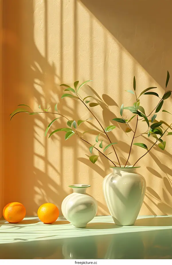 Still life with green plants and oranges
