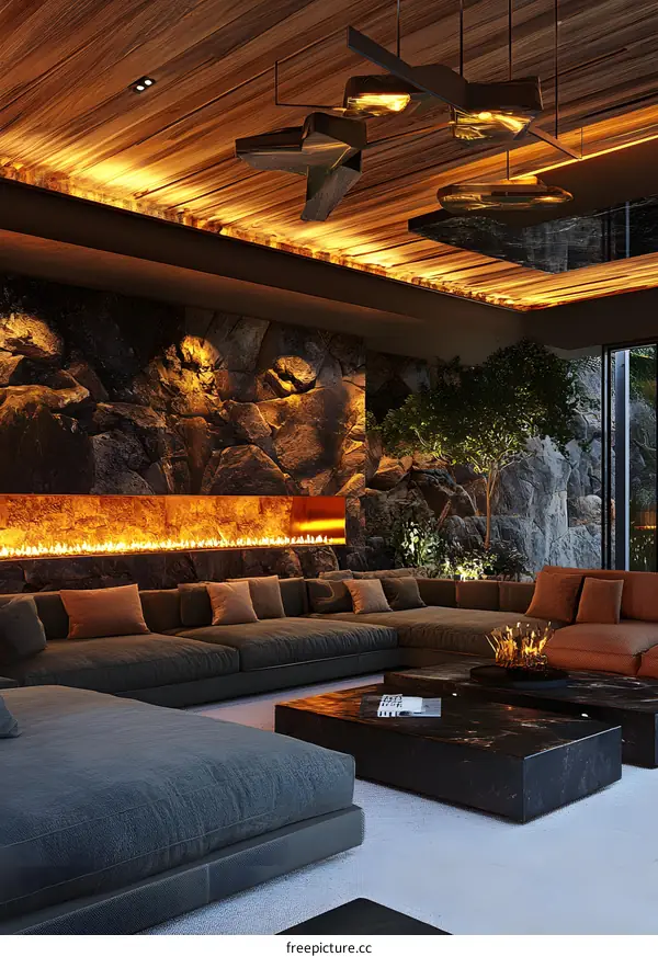Modern Interior Design with Stone Wall and Fireplace