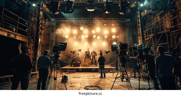 Behind the scenes of a movie or TV show being filmed on a sound stage