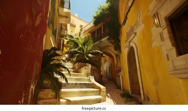 Yellow Walls and Stone Steps in an Old Town