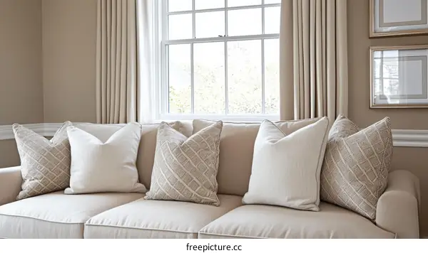 Beige Sofa with Decorative Pillows by a Window