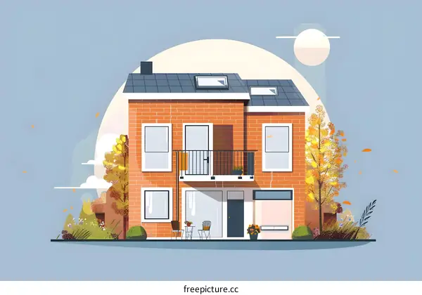 Modern Brick House With Balcony and Autumn Trees