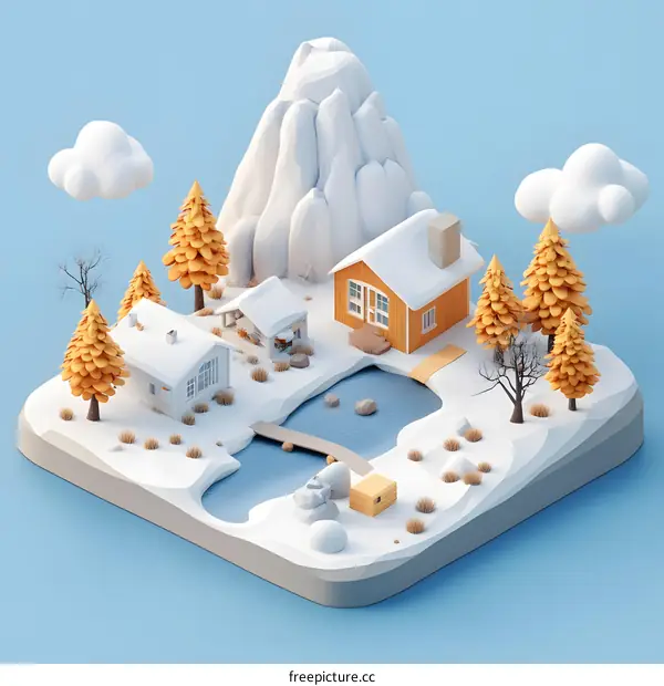 Low Poly Winter Landscape with Mountains and Houses