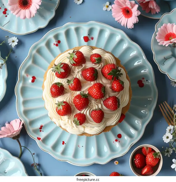 A cake decorated with strawberries and cream on a blue plate with pink flowers