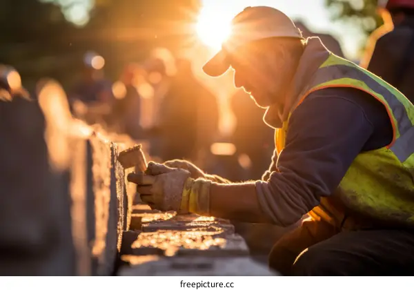 Construction worker laying bricks at a construction site
