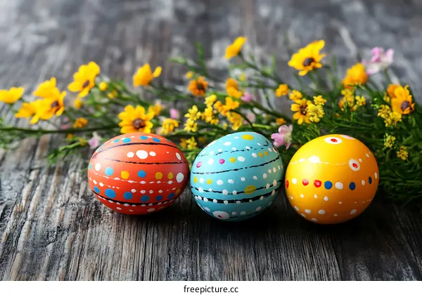 Easter Eggs with Colorful Designs on Rustic Wooden Background