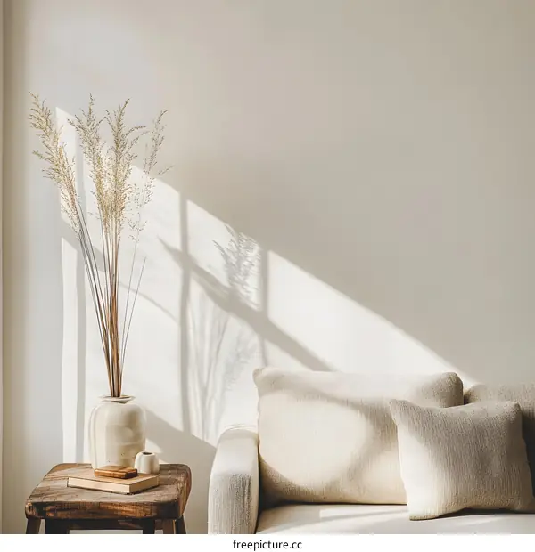 Minimalist Living Room with Natural Light and Dried Flowers