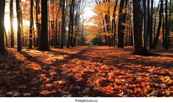 Fall forest path with fallen leaves
