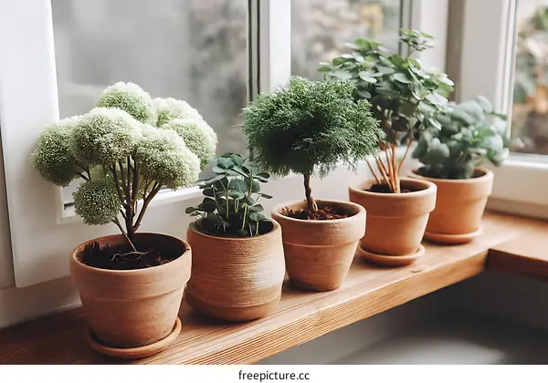 Indoor Plants on a Wooden Windowsill