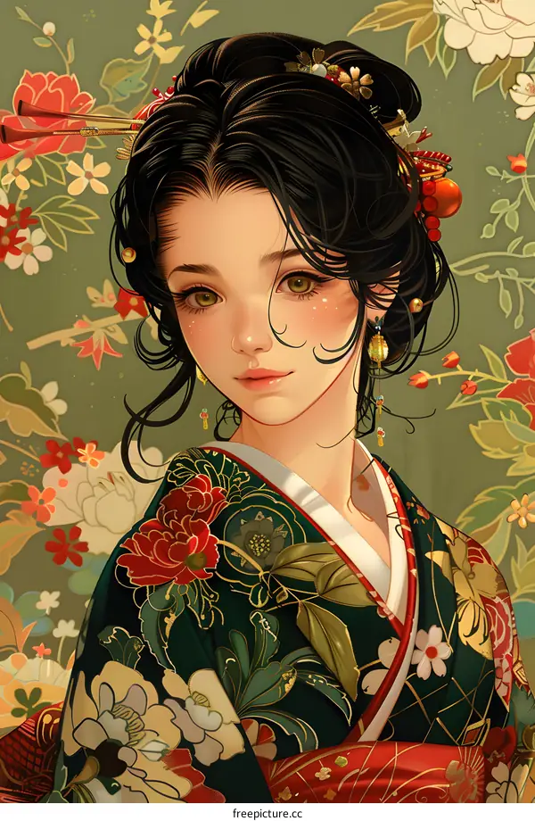 An illustration of a beautiful Japanese woman in a kimono with flowers in her hair