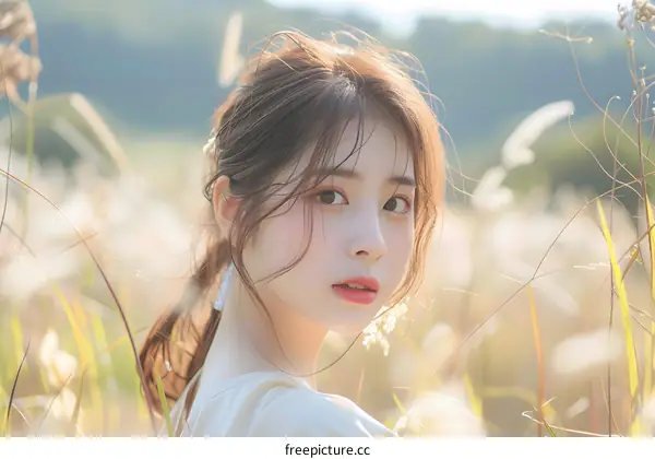 Portrait of a Young Asian Woman in a Field of Grass