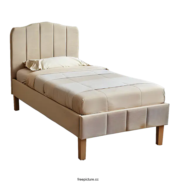 [Transparent Background PNG]Beige Upholstered Bed Frame With Wooden Legs