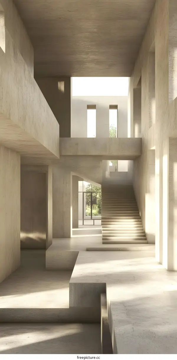 Modern Minimalist Concrete Building Interior Design with Stairs