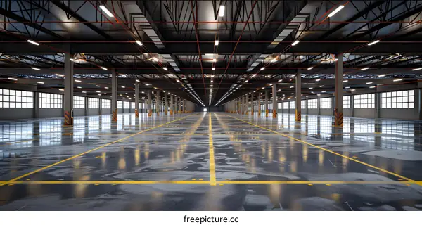 Empty Industrial Warehouse with Concrete Floor and Yellow Lines