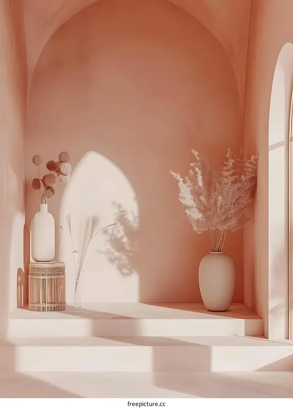 Minimalist Archway Interior Design with White Vases and Dried Flowers