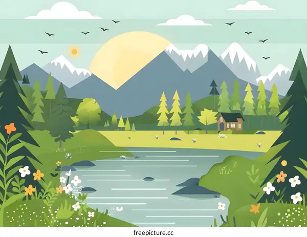 Nature Landscape Illustration With Mountain, Lake and Forest