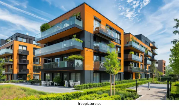 Modern City Skyline with Verdant Greenery and Residential Structures