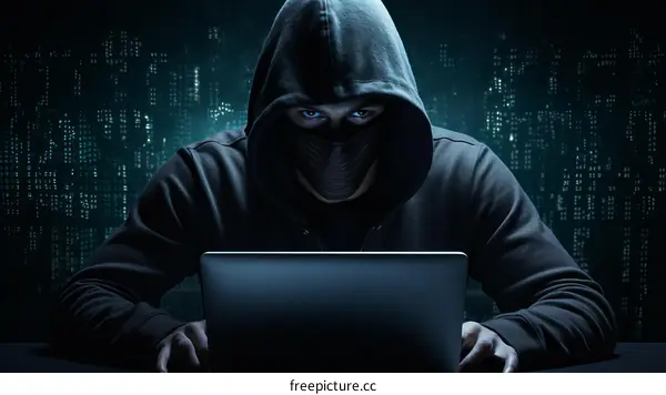 A person wearing a mask and a hoodie is sitting in front of a laptop.