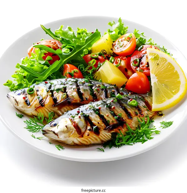 Two grilled fish with lemon and salad