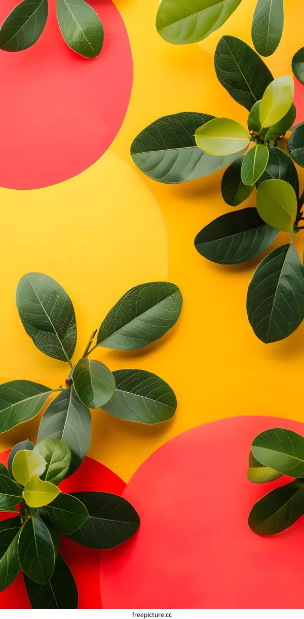 Green Leaves on Yellow and Red Background