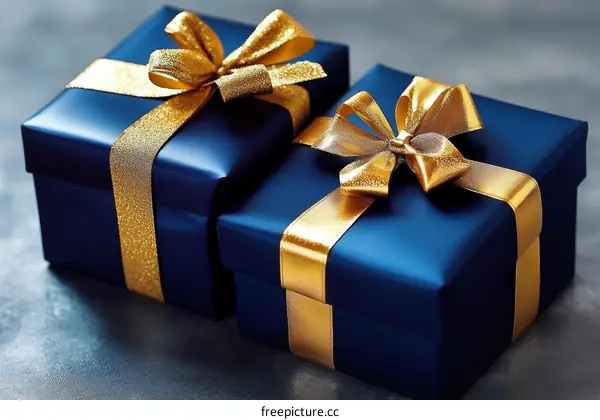 Two Elegant Dark Blue Gift Boxes with Golden Ribbon