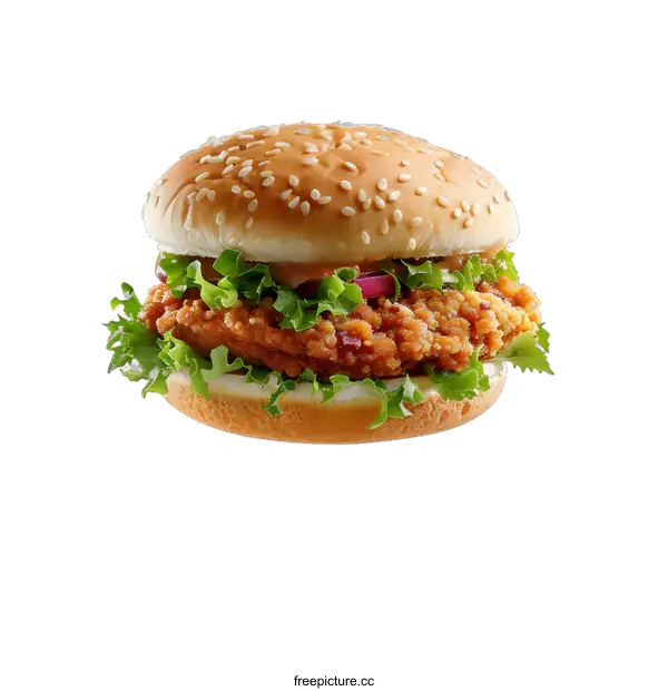 [Transparent Background PNG]Delicious Crispy Fried Chicken Burger with Sesame Seed Bun