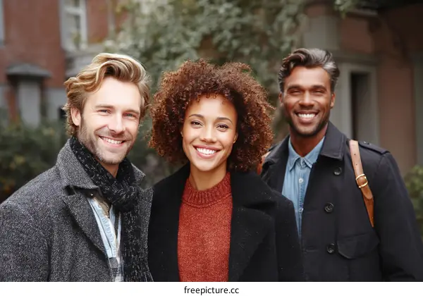 Three Diverse People Outdoors Smiling