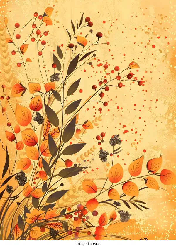 Autumn Leaves and Berries on a Beige Background
