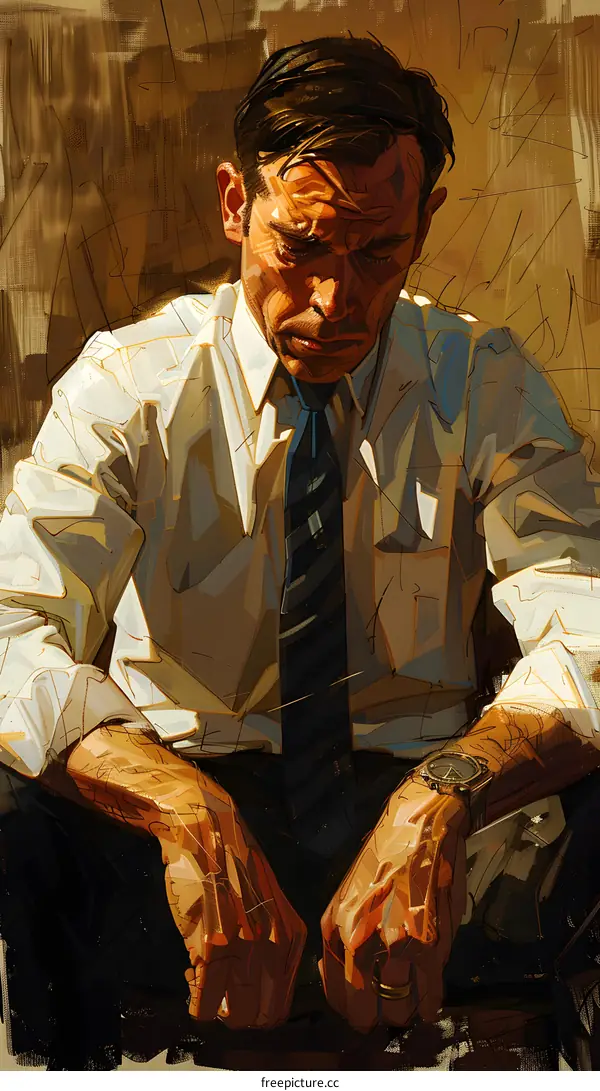 A man in a white shirt and tie is sitting with his head in his hands.