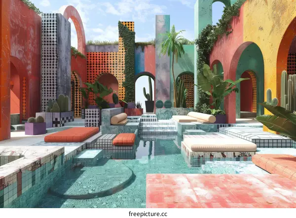 Vibrant colors and geometric shapes in an architectural setting