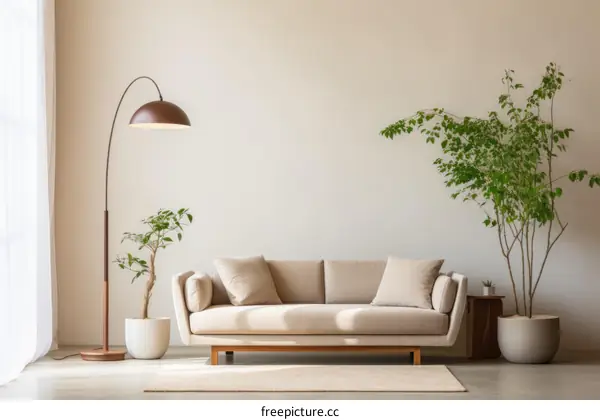 Modern Living Room with Beige Sofa, Rug, Plants and Lamp